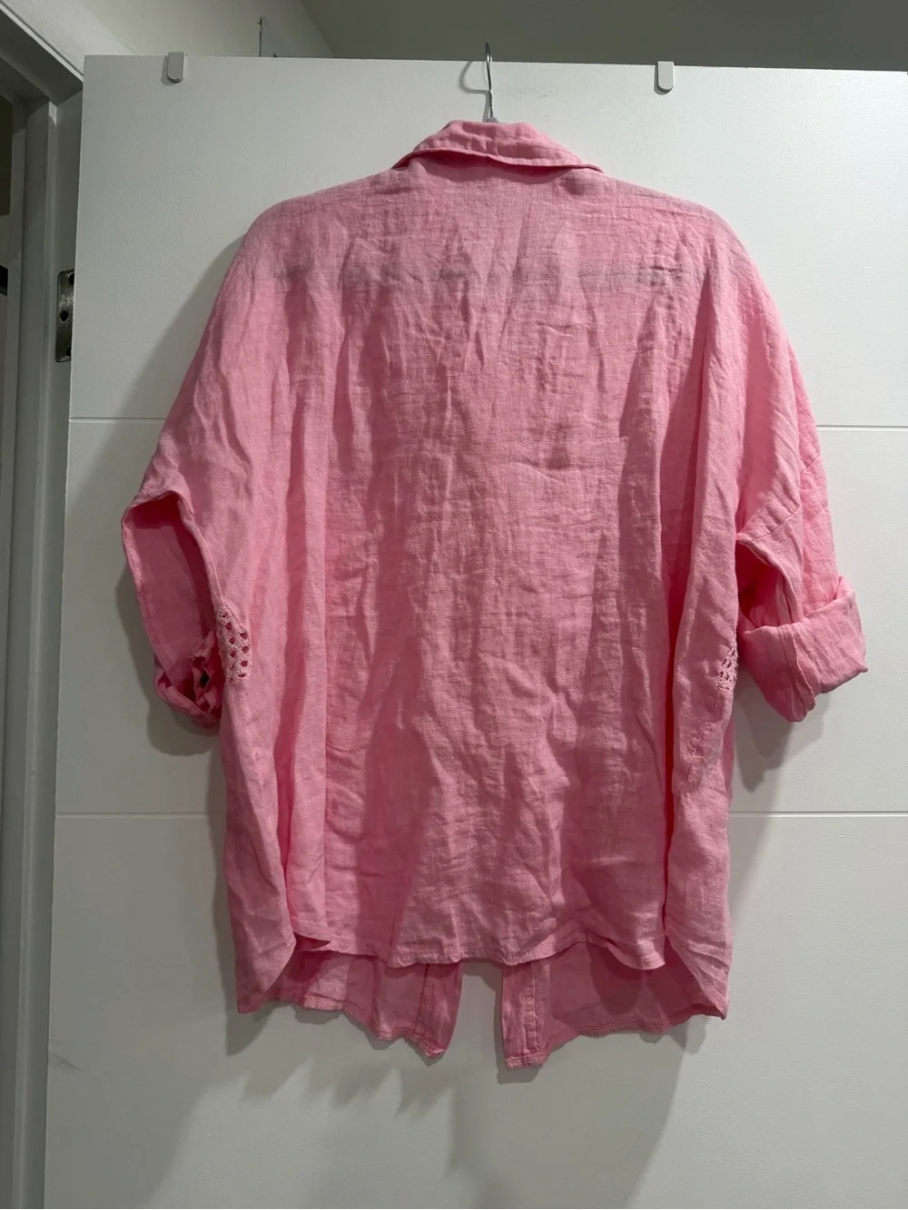 Brand New Made in Italy Pink Linen Button-Up Shirt with Crochet Details